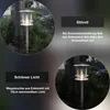 Two circular insets show a solar path light in a garden setting, with accompanying German text describing its features. Produktbild-Vorschau