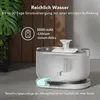A white pet water fountain is shown with text overlays highlighting its features. Produktbild-Vorschau