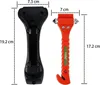 Two car safety tools, a black holder and an orange hammer with a seatbelt cutter, are shown side-by-side with dimensions indicated. Voir les images du produit