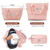 A collage of images showing a pink travel bag in different sizes and configurations, along with a smaller toiletry bag. Náhľad obrázku produktu