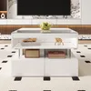 A white coffee table with a glass top is shown in a modern living room setting. Produktbild-Vorschau