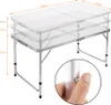 A folding table with adjustable height settings, shown with dimensions and a close-up of a height adjustment mechanism. Anteprima dell’immagine prodotto