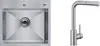 A stainless steel kitchen sink and a matching faucet are shown side-by-side against a white background. Produktbild-Vorschau