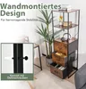 A tall, narrow shelving unit with wooden shelves and drawers, placed next to a tall potted plant. Anteprima dell’immagine prodotto