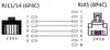 Diagram showing the pinout and wiring of RJ11/14 and RJ45 connectors. Náhled obrázku produktu