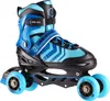 A pair of blue and black inline skates with four wheels. Produktbild-Vorschau