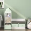 A children's storage bench with a house-shaped shelf unit in a room with light green walls. Podgląd zdjęcia produktu