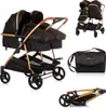 A collage of images showing a black and gold double stroller from different angles, including a folded view and a separate bag. Produktbild-Vorschau