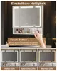 A bathroom cabinet with LED lighting and a hand touching the control button, with three different lighting options shown below. Voir les images du produit