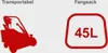 An image showing two distinct graphical elements related to a product. On the left, a red silhouette of a lawnmower is labeled 'Transportabel'. On the right, a red outline of a bag contains the text '45L', labeled 'Fangsack'. Produktbild-Vorschau