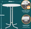 A white round high table with a stand, shown with dimensions and feature callouts. Produktbild-Vorschau