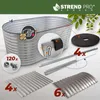 A raised garden bed kit with various components laid out around it, including screws, metal sheets, and support bars. The bed itself is oval and made of corrugated galvanized metal. Anteprima dell’immagine prodotto