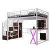 A loft bed with a desk, wardrobe, and shelves, featuring LED lighting. Produktbild-Vorschau