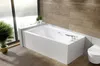 A modern bathroom with a white bathtub, toilet, and wooden accents. Produktbild-Vorschau