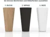 Three different colored furniture legs are displayed side-by-side, each labeled with a number and a color name in German. Produktbild-Vorschau
