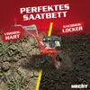 A rototiller is shown in action, tilling hard soil into loose soil. Text overlays highlight the transformation. Produktbild-Vorschau