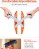 Hands holding orange and gray clamps with text overlays describing features. Voir les images du produit