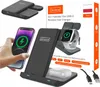 A collage showing a foldable wireless charger with a phone, smartwatch, and earbuds, along with its packaging. Produktbild-Vorschau