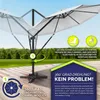 An outdoor patio scene with a large white umbrella. The image highlights the umbrella's 360-degree rotation feature with text and graphics. Produktbild-Vorschau
