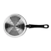 The bottom of a stainless steel pot with a black handle is shown against a white background. Produktbild-Vorschau