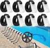 A collage showing pool cover straps and clips, with a pool cover roller system in use on a pool. Produktbild-Vorschau