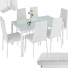 A white dining table with six white chairs, a vase with flowers on the table, and a white bench in the foreground. Náhled obrázku produktu