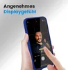 A hand holding a blue smartphone, showing the camera app interface with a selfie of the user. Produktbild-Vorschau