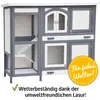 A wooden pet house with multiple compartments and ramps, presented with a promotional overlay. Produktbild-Vorschau