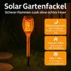 A solar garden torch with text overlays describing its features, set in a garden at dusk. Náhled obrázku produktu