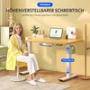 A woman is sitting at a FlexiSpot adjustable desk in a bright, modern room. Produktbild-Vorschau