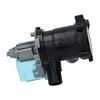 A washing machine drain pump with a motor and filter is shown against a white background. Produktbild-Vorschau