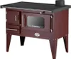A maroon wood-burning stove with a black cooktop and oven door with a glass window, shown on a white background. Produktbild-Vorschau