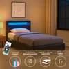 A bedroom scene featuring a single bed with LED lighting and a remote control, along with marketing graphics highlighting product features. Produktbild-Vorschau