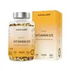 A bottle of vitamin D3 softgels next to its packaging. Produktbild-Vorschau