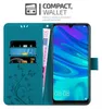 A teal flip phone case with card slots and a phone inside is shown, with text overlays describing its features. Náhled obrázku produktu