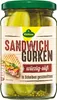 A jar of Kühne Sandwichgurken (sandwich pickles) with a label showing a sandwich. Podgląd zdjęcia produktu
