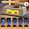 A modern white coffee table with yellow LED lighting, displayed in a living room setting, with multiple smartphone app interfaces shown below. Voir les images du produit