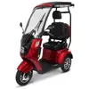 A red three-wheeled electric scooter with a roof and windshield is shown against a white background. Produktbild-Vorschau