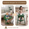 A collage showing a baby in a high chair in two different settings, with text overlays and icons. Produktbild-Vorschau