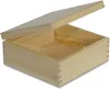 An open wooden box with its lid slightly ajar, set against a white background. Produktbild-Vorschau