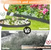 A split image showing a garden before and after using a metal edging product. The top shows a messy garden with flowers, and the bottom shows a tidier garden. Voir les images du produit