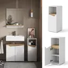 A bathroom vanity set with a sink, mirror, and storage cabinets, shown in a lifestyle setting and as separate product shots. Produktbild-Vorschau
