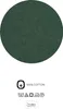 A dark green circular fabric swatch with care instructions and material information below. Produktbild-Vorschau