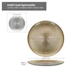 A product image showing a gold-colored dinner plate with a textured relief pattern, along with a smaller inset image showing the underside of the plate and measurement callouts. Produktbild-Vorschau