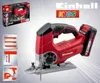 A promotional image of a red and black Einhell KIDS jigsaw with accessories shown in inset boxes. Náhled obrázku produktu