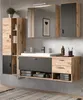 A modern bathroom vanity set with a sink, mirror, and storage cabinets. Produktbild-Vorschau