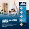 A family is sitting in a teepee, and a package of Alpalium CR2032 batteries is displayed next to them. Produktbild-Vorschau