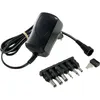 A black adjustable power adapter with multiple interchangeable tips and a small metal tool, laid out on a white background. Produktbild-Vorschau