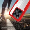 A person's legs are blurred in the background, running on a road. A red phone case with a camera module is in the foreground, with a cracked road surface. Produktbild-Vorschau