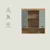 A wall-mounted cabinet with two doors and shelves, shown open, against a neutral background with icons on the left. Produktbild-Vorschau